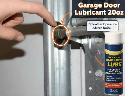 Hand applying Heavy Duty Garage Door Lubricant 20 Oz to rollers, highlighting smoother and quieter operation