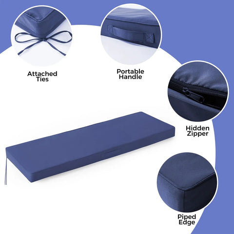 All Weather Outdoor Bench Cushion 48x18x3 Inch Navy Blue Waterproof Seat Pad with non-slip backing and hidden zipper
