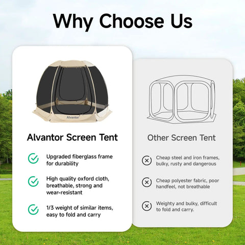 Lightweight Pop Up Screen Room Tent For 4 To 6 Adults, hexagon outdoor canopy comparison chart highlighting durability.