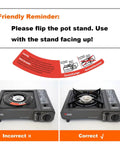 MS-2500 Portable Butane Stove setup instructions showing incorrect and correct pot stand positions.