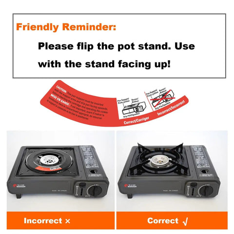 MS-2500 Portable Butane Stove setup instructions showing incorrect and correct pot stand positions.