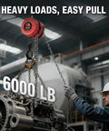 Heavy Duty 3 Ton Manual Chain Hoist With 6000 Lb Capacity And 10 Foot Travel lifting an engine in a workshop with dual swivel hooks.