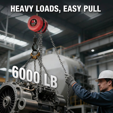 Heavy Duty 3 Ton Manual Chain Hoist With 6000 Lb Capacity And 10 Foot Travel lifting an engine in a workshop with dual swivel hooks.