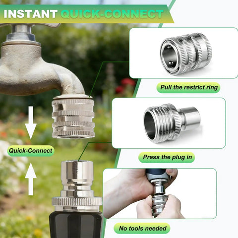 Stainless Steel Garden Hose Quick Connect Fittings Set No Fuss Three Quarter Inch GHT Quick Connectors For Hoses And Sprayers