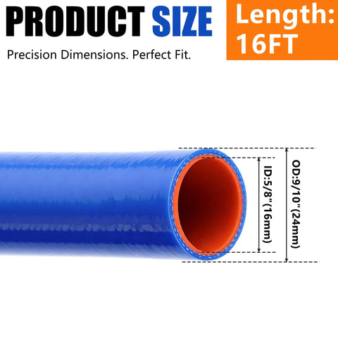 Heavy Duty 5/8 Inch Silicone Heater Hose 16 Foot Long showing dimensions and color with orange inner wall for cooling systems.