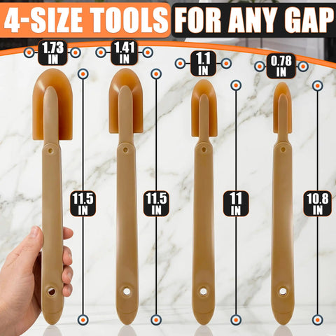 4 Piece Caulking Tool Set For Silicone Sealant And Grout With sizes 0.78 to 1.73 inches, ABS handle, urethane tips visible.