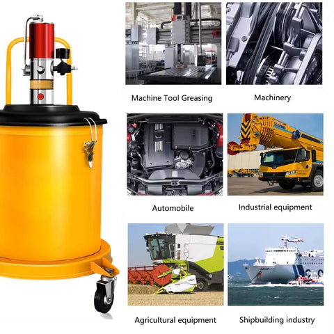 Heavy Duty Workhorse Pneumatic Grease Pump 30 Liter Capacity For 5 Gallon Drums with air motor and swivel casters.