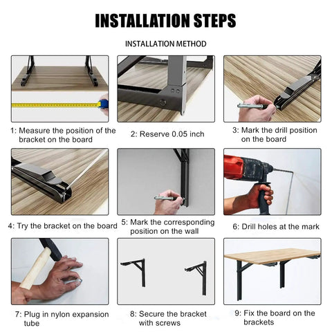 Step-by-step installation guide for Heavy Duty Folding Shelf Brackets For Wall Mounted Shelves And Tables Space Saving Hinge Brackets