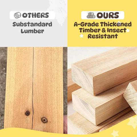 Comparison of substandard lumber versus A-grade thickened timber, part of Tough As Nails Wood Backyard Swing Set With Wave Slide.