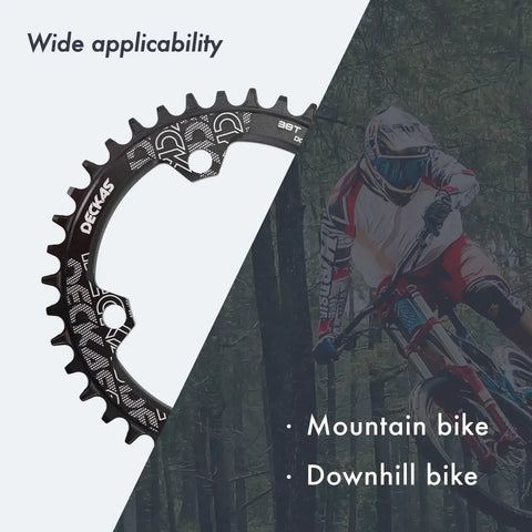 104Mm BCD Round Oval Bike Chainring 38T Narrow Wide Aluminum 7075 Lightweight CNC Machined on mountain and DH bike backdrop