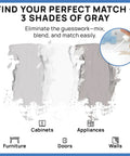 Touch Up Paint Kit With Matte Finish For Drywall Concrete Brick Tile Doors And Cabinets Multi Tone Gray Repair Kit Quick Dry Low Odor Ultra Low VOC No Sanding Or Primer Needed 3 Pack showing three shades of gray for matching on various surfaces