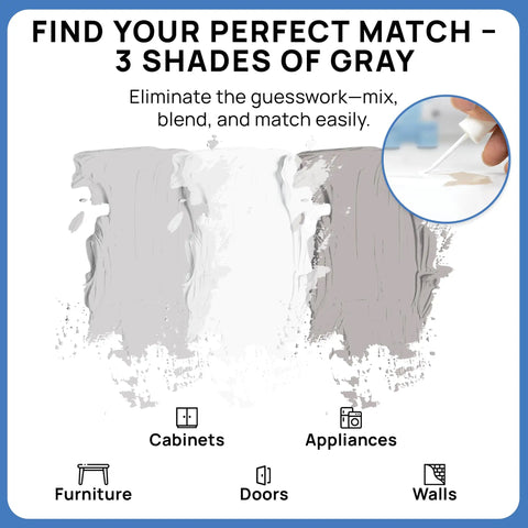 Touch Up Paint Kit With Matte Finish For Drywall Concrete Brick Tile Doors And Cabinets Multi Tone Gray Repair Kit Quick Dry Low Odor Ultra Low VOC No Sanding Or Primer Needed 3 Pack showing three shades of gray for matching on various surfaces