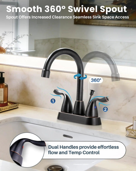 Oil Rubbed Bronze Vintage Style Bathroom Faucet With 4 Inch Centerset, 2-Handle 3-Hole Design, Rotating Spout, drain assembly