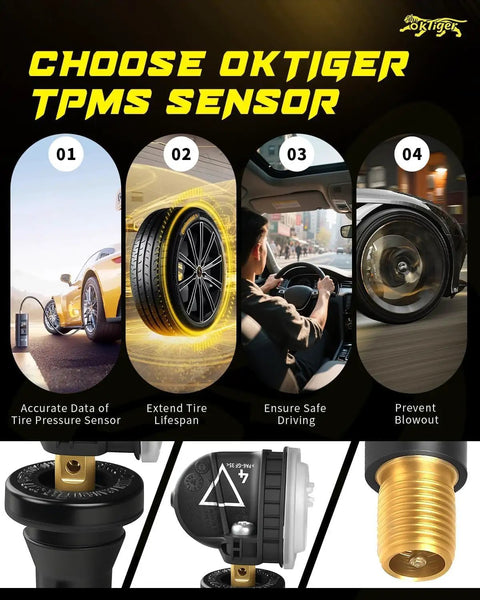 Pre Programmed 433MHz TPMS Sensor for Chevy and GMC Rides Direct Fit Fits Malibu Camaro Cruze Impala Traverse Silverado 1500 2500 3500 Blazer Trailblazer Volt Acadia Sierra 1500 OE 13598773, black and gold valve stem