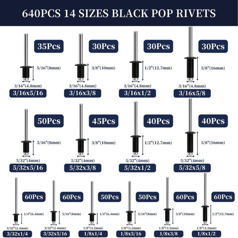 Nine Hundred Seventy Piece Assorted Pop Rivets With Washers Kit Includes Solid Aluminum Blind Rivets in different sizes and quantities