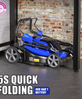 40V Cordless Mower With 18-Inch Brushless Power, compactly folded under a table, featuring 5-position height and 4.0Ah battery.