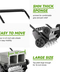 18 Inch Heavy Duty Push Spike Lawn Aerator with four wheels, steel handle, foam armrests, shown with measurements and features.