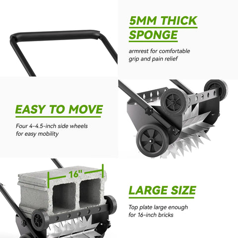 18 Inch Heavy Duty Push Spike Lawn Aerator with four wheels, steel handle, foam armrests, shown with measurements and features.