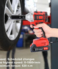 Ehozirta Cordless Impact Wrench 1/2 Inch, 520Nm High Torque Brushless Motor Electric Tool with 21V battery in use on a wheel.