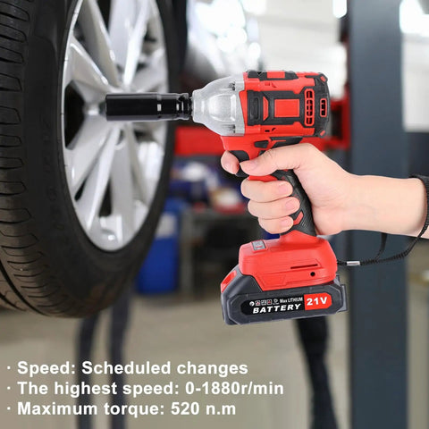 Ehozirta Cordless Impact Wrench 1/2 Inch, 520Nm High Torque Brushless Motor Electric Tool with 21V battery in use on a wheel.
