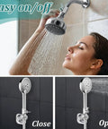 Rock Solid 304 Stainless Steel Shower Head Shut Off Valve With Half Inch Female To Male Npt Threads For No Sweat Water Flow Control And Compact Rv Setup in use, demonstrating easy water flow control.