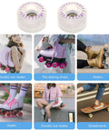 Two Pack Light Up Roller Skate Wheels With Bearings For Indoor And Outdoor Use displayed with various skate types
