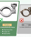 Front view of Pindex 5-pack 1.5 in stainless steel tri-clamp butterfly valve with silicone gasket.