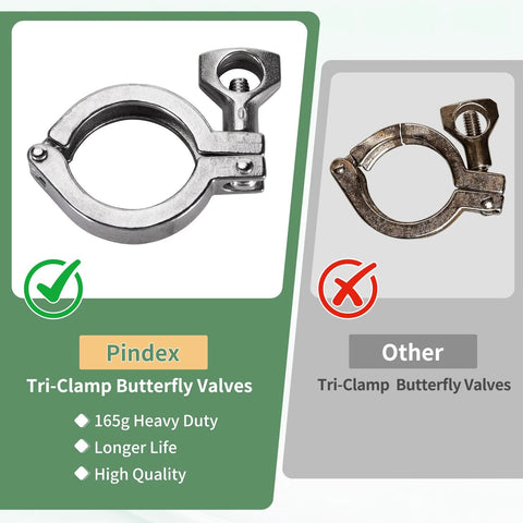 Front view of Pindex 5-pack 1.5 in stainless steel tri-clamp butterfly valve with silicone gasket.