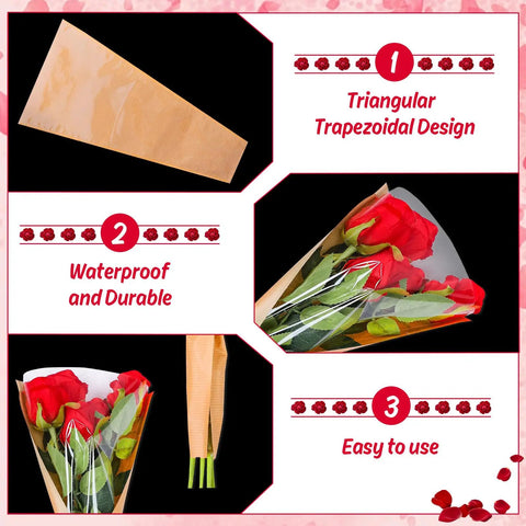 Diagram showing 50 Pack Flower Wrapping Bags For Bouquets, Kraft Paper Floral Packing Sleeves features like design, durability, and ease