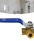 Heavy Duty 3 Way Brass Ball Valve With LT Bore Internal Thread 16 Bar Pressure Rating shown from an angle with blue handle for plumbing use.