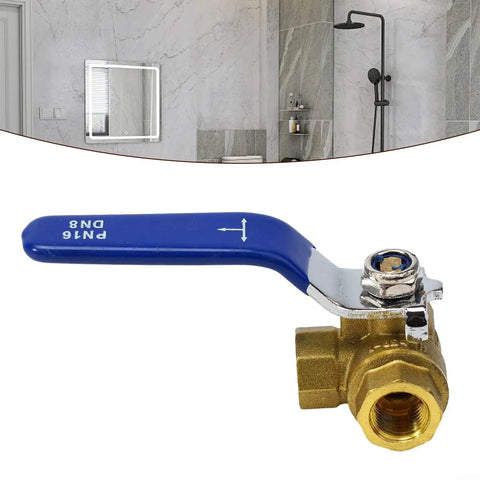 Heavy Duty 3 Way Brass Ball Valve With LT Bore Internal Thread 16 Bar Pressure Rating shown from an angle with blue handle for plumbing use.