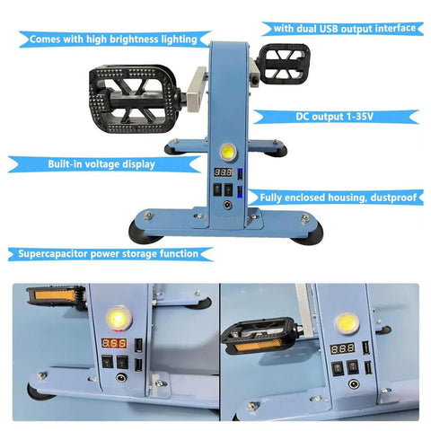 100W Portable Foot Pedal Generator With Hand Crank DC 1 To 35V Emergency Power Supply, voltage display, USB interface