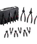 12 Piece Snap Ring Pliers Set For Internal And External Circlips With Straight And Bent Jaw Tips, includes tool case.