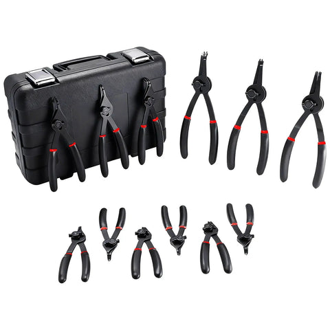 12 Piece Snap Ring Pliers Set For Internal And External Circlips With Straight And Bent Jaw Tips, includes tool case.