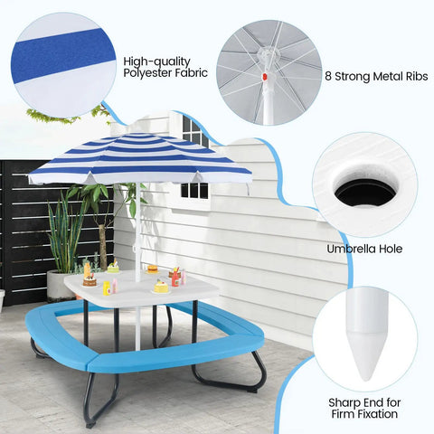 8 Seat Kids Picnic Table Set With Foldable Umbrella For Outdoor Backyard Fun Built In Benches For Up To 8 Toddler Friendly Patio Or Garden Furniture Blue, shown with high-quality fabric and metal ribs details.