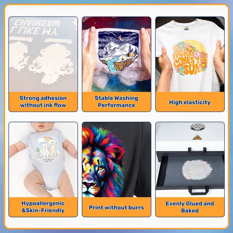 Examples of T-shirt designs using Pro Grade DTF Transfer Film Roll, showing adhesion, elasticity, and print details.
