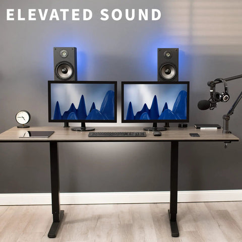 Clamp-On Speaker Stand Desk Mount Set Two-Pack With Adjustable Height And Tilt Universal 9.5x8.8 Platforms setup on desk