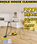 Hella Powerful 1500W Steam Cleaner With 36 Piece Attachment Kit And 1.5L Tank in a modern kitchen with hardwood flooring.