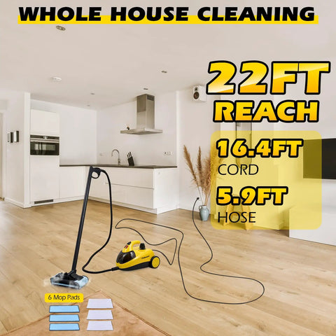 Hella Powerful 1500W Steam Cleaner With 36 Piece Attachment Kit And 1.5L Tank in a modern kitchen with hardwood flooring.