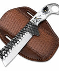 Cowboy Style Fixed Blade Knife With Resin Handle For Camping, Ranch Work, And Hunting, on brown leather sheath