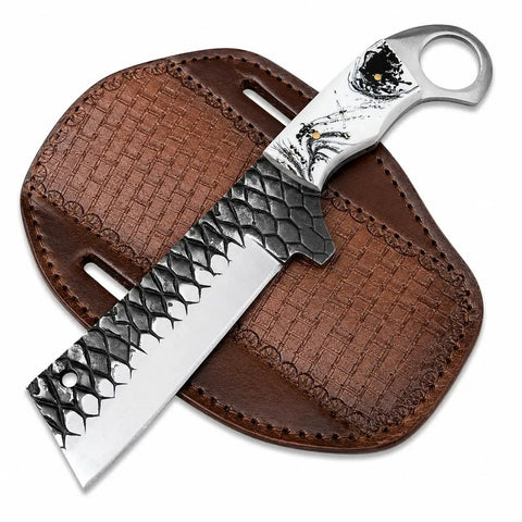 Cowboy Style Fixed Blade Knife With Resin Handle For Camping, Ranch Work, And Hunting, on brown leather sheath
