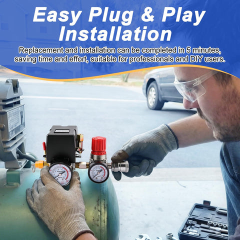 Person installing Air Compressor Pressure Switch Kit With Four Port NPT Manifold Regulator And Dual Gauges Automatic On Off Start Stop