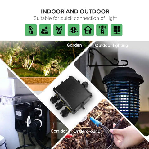IP68 Waterproof 4 Way Junction Box Built Tough For Outdoor Use With 4 Channel Cable Connector and Lighting Connector in garden and outdoor settings