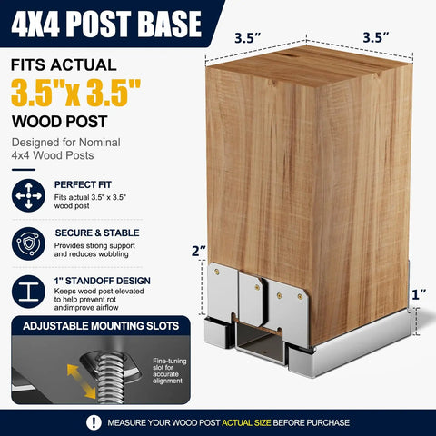 Heavy Duty 4x4 Post Base for Concrete Foundations, Galvanized Steel Outdoor Bracket Set of 6 for Nominal 4x4 Wood Posts Actual 3.5 by 3.5 Inches, Perfect for Decks Pergolas Fences Gazebos and Railings. 4x4 post base shown on 3.5 x 3.5 inch wood post with 1 inch standoff
