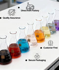 Colorful liquids in 8 Pack 500ml Erlenmeyer Flasks Set For Lab Glassware Borosilicate 3 Point 3 Narrow Mouth Conical Beaker.