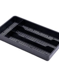 Swanky Four Compartment Utensil And Cutlery Drawer Organizer Tray In Matte Black For Kitchens Or Junk Drawers With Drainage Mesh Bottom Keeps Mess Out Made In Usa, view of tray with compartments.