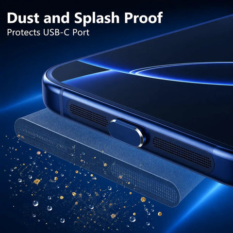 Four Pack USB C Dust Plugs For USB C Port And Speaker Grilles, Dual Head Type C Cover, dark blue, close-up with metal mesh detail