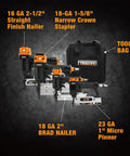 Pro Grade Pneumatic Finishing Nailer And Stapler Kit with bag, featuring 16 GA Finish Nailer, 18 GA Stapler, Brad Nailer, Micro Pinner