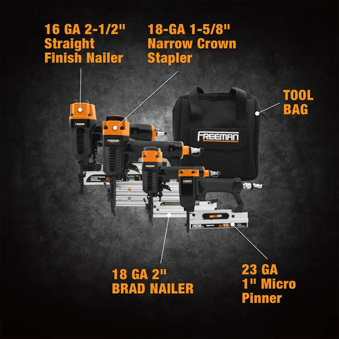 Pro Grade Pneumatic Finishing Nailer And Stapler Kit with bag, featuring 16 GA Finish Nailer, 18 GA Stapler, Brad Nailer, Micro Pinner
