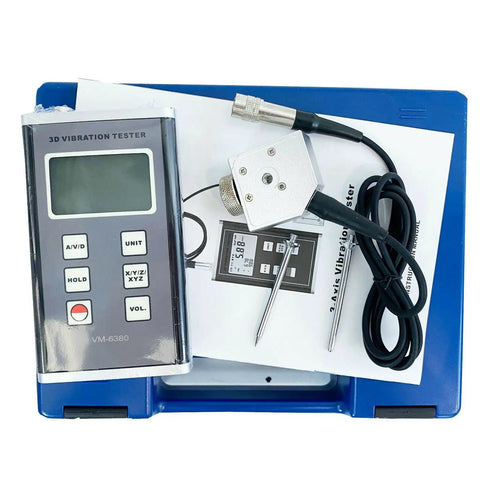 3 Axis Piezoelectric Accelerometer Vibration Meter With 3D Velocity Vibrometer Gauge, Data Logger, And 10 Hz To 10 kHz Range, ISO 2954 Compliant Pro Grade Diagnostic Gear For Rotating Machinery, Detects Misalignment And Out Of Balance. 3D vibration tester kit with probe and case